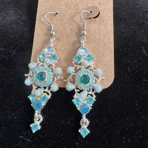 Blue and Silver Beaded Chandelier Earrings